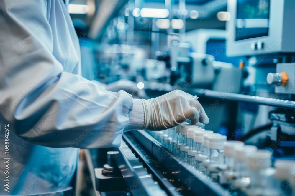 Worker in lab coat and gloves assembling parts on conveyor belt Worker in lab coat and gloves assembling parts on conveyor belt