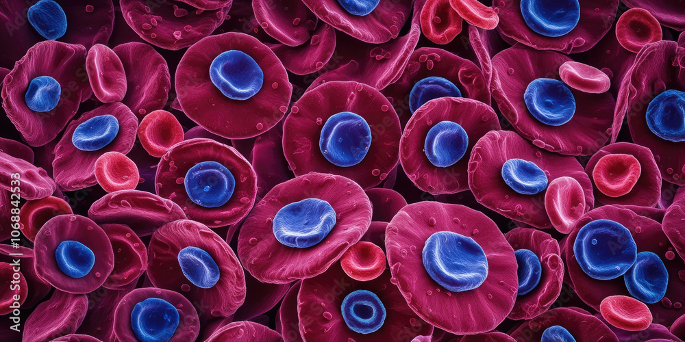 Close up view of blood cells with molecular structures, showcasing intricate details Close up view of blood cells with molecular structures, showcasing intricate details