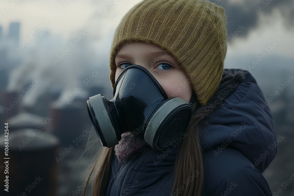 Young Girl in a Gas Mask Against a Smoky Background Young Girl in a Gas Mask Against a Smoky Background