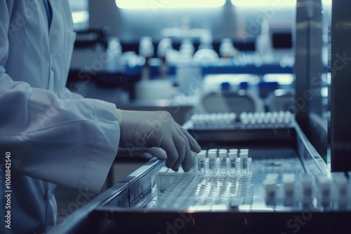 Worker in lab coat and gloves assembling parts on conveyor belt