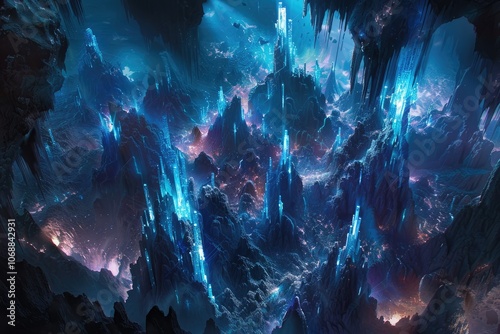 A Glowing Blue Crystal City Inside a Cave