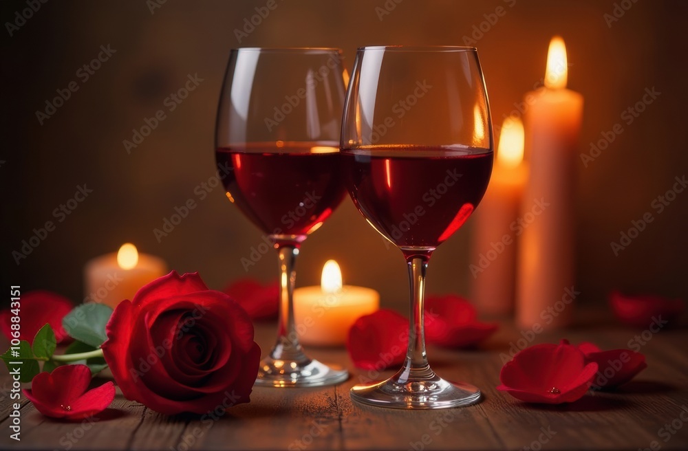 two Glasses of wine with rose and burning candles for romantic atmosphere two Glasses of wine with rose and burning candles for romantic atmosphere
