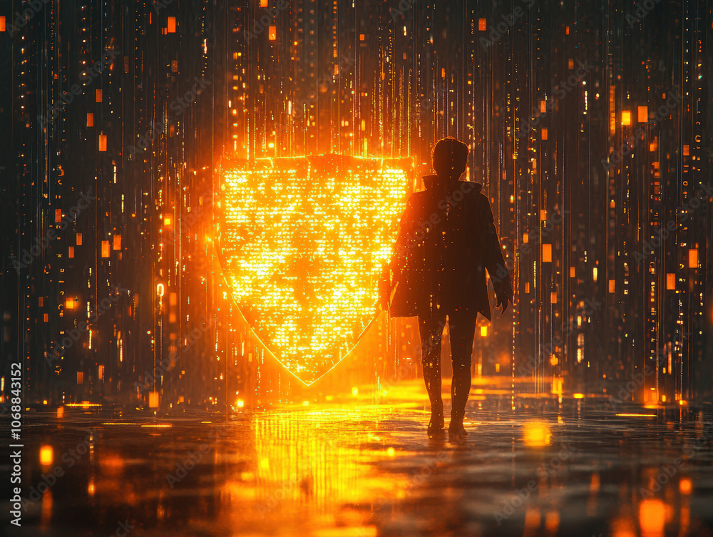 person standing in digital environment, holding glowing shield. scene is illuminated with bright orange lights and futuristic atmosphere, evoking sense of protection and strength person standing in digital environment, holding glowing shield. scene is illuminated with bright orange lights and futuristic atmosphere, evoking sense of protection and strength