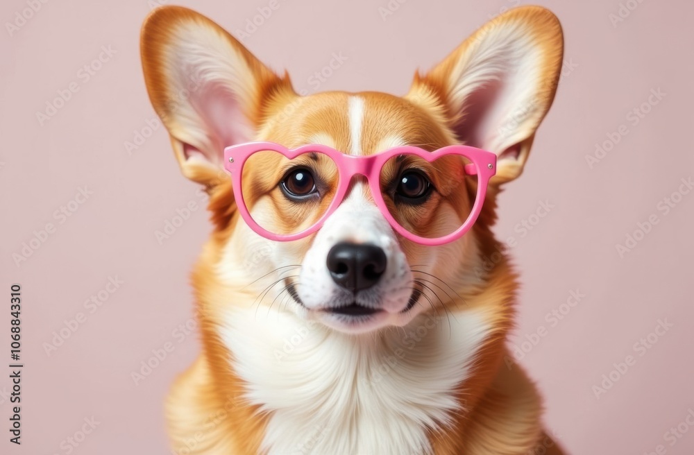 Cute Corgi Wearing Heart-Shaped Pink Glasses
