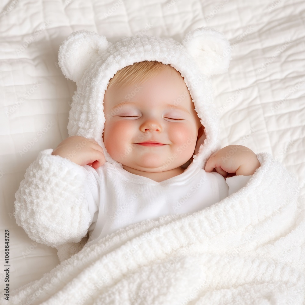 A baby girl wearing a white crocheted bear hooded sweater sleeps peacefully in a white blanket. A baby girl wearing a white crocheted bear hooded sweater sleeps peacefully in a white blanket.