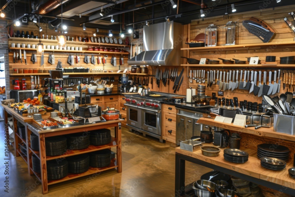 Display of specialty kitchen knives and cookware in store Display of specialty kitchen knives and cookware in store