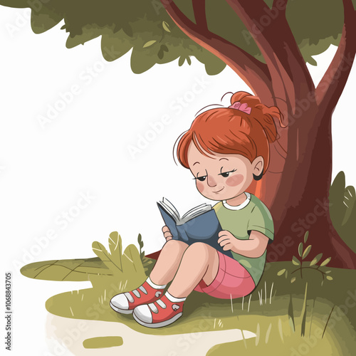 Girl reading under a tree, peaceful outdoor study time