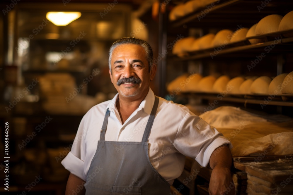 Portrait of a middle aged Hispanic worker in bakery Portrait of a middle aged Hispanic worker in bakery