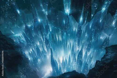 An ethereal view of a crystalline city encased in an icy cave.