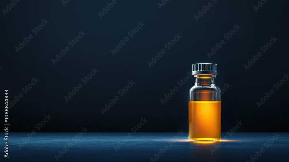 golden vial of liquid glowing on abstract dark background creates captivating visual. contrast highlights vial shape and color, evoking sense of mystery and intrigue golden vial of liquid glowing on abstract dark background creates captivating visual. contrast highlights vial shape and color, evoking sense of mystery and intrigue