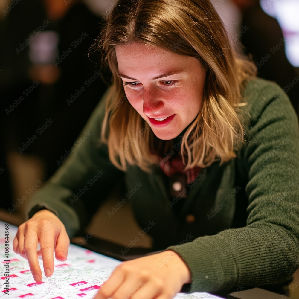 A young woman is interacting with a large digital display, smiling. A young woman is interacting with a large digital display, smiling.