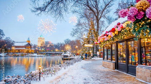 festive winter scene with fireworks lighting up sky over snowy riverside town, adorned with colorful holiday decorations and twinkling lights, creating magical atmosphere