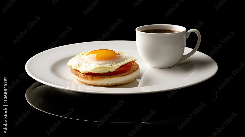 Delicious egg Benedict on a white plate, next to a fresh cup of coffee on a sleek black background, showcasing breakfast elegance Delicious egg Benedict on a white plate, next to a fresh cup of coffee on a sleek black background, showcasing breakfast elegance