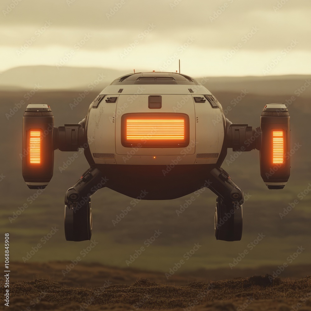 Futuristic vehicle hovering over a grassy landscape. Futuristic vehicle hovering over a grassy landscape.
