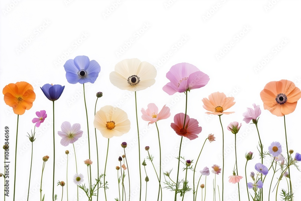 Fototapeta premium A row of flowers with a variety of colors, including pink, orange, and blue. The flowers are arranged in a line, with some overlapping each other. Scene is cheerful and vibrant
