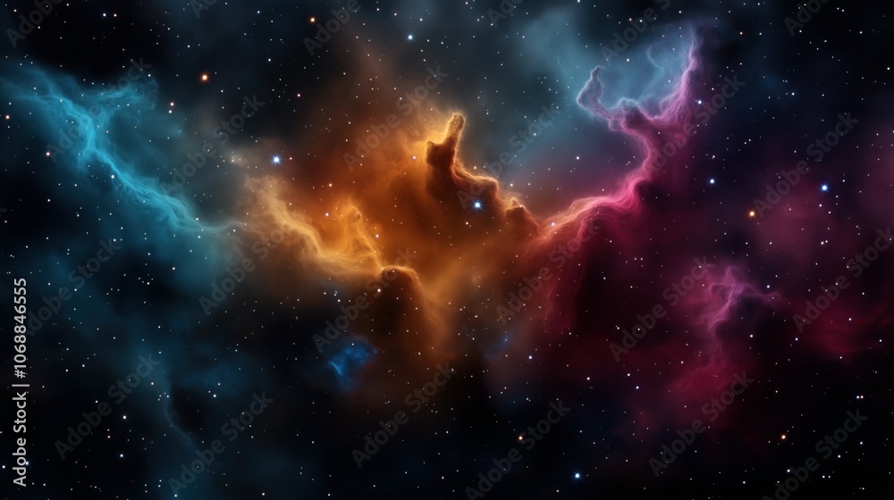 Fototapeta premium Colorful cosmic nebula in deep space with vibrant orange, blue, and pink clouds amidst a star-filled galaxy.