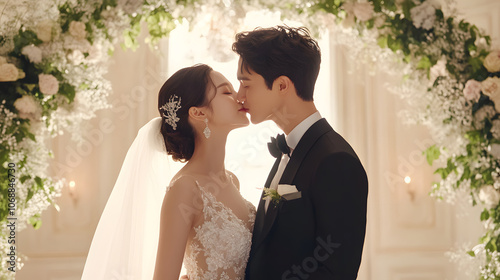 romantic Korean wedding photo of couple sharing kiss in floral setting