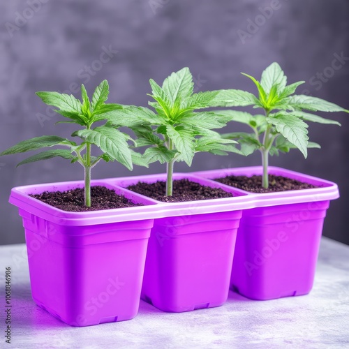 Three young cannabis plants growing in purple pots. photo