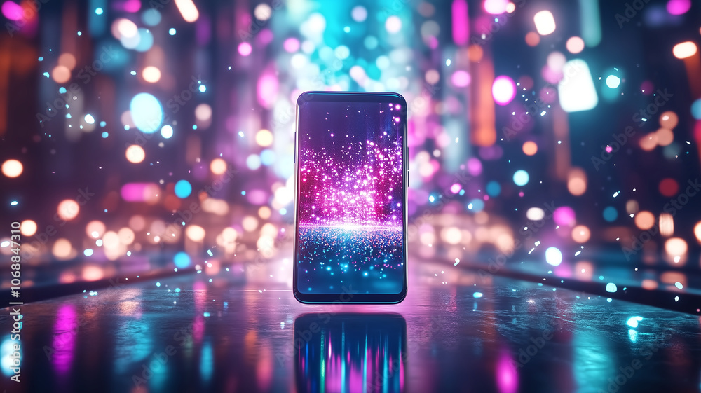 Futuristic mobile device with vibrant lights and colorful particles, showcasing advanced technology and innovation in digital environment Futuristic mobile device with vibrant lights and colorful particles, showcasing advanced technology and innovation in digital environment