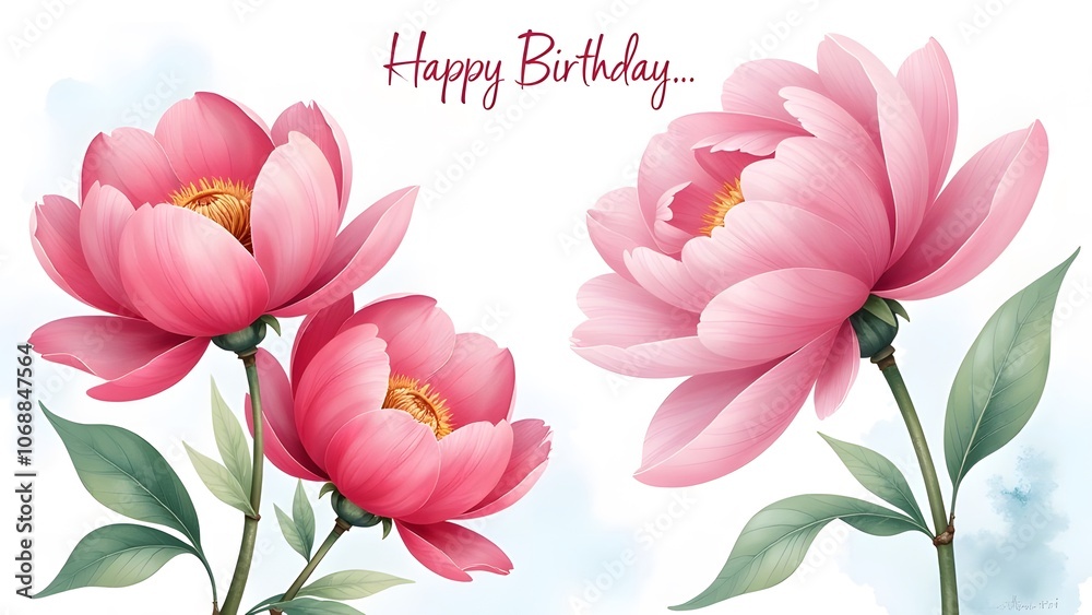 A happy birthday card with pink flowers and green leaves A happy birthday card with pink flowers and green leaves