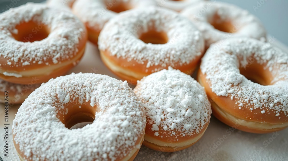 Donuts smothered in a thick layer of powdered sugar, dessert table, powdered sugar Donuts smothered in a thick layer of powdered sugar, dessert table, powdered sugar