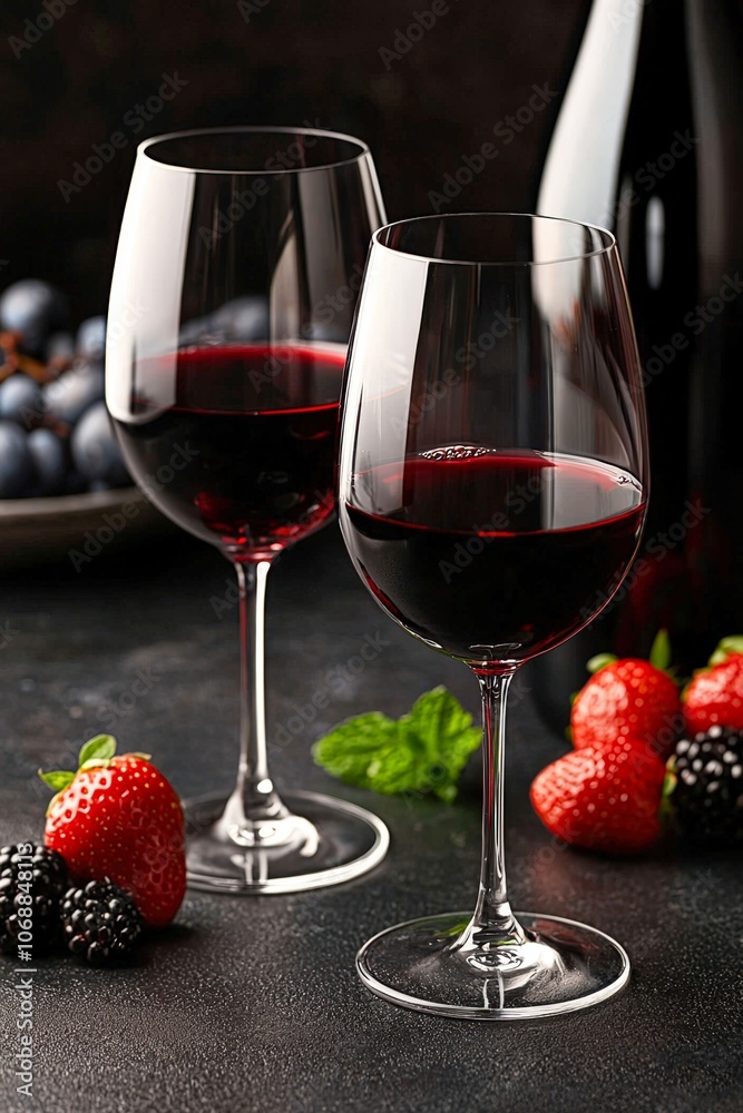 Elegant red wine glasses are placed on a dark surface, accompanied by fresh strawberries, blackberries, and mint, Ideal for food and drink blogs, wine tasting events, or restaurant menus, Elegant red wine glasses are placed on a dark surface, accompanied by fresh strawberries, blackberries, and mint, Ideal for food and drink blogs, wine tasting events, or restaurant menus,