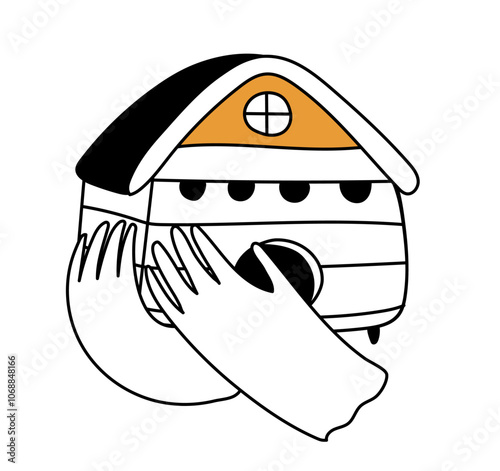 Bee keeper hands protecting a bee hive vector isolated illustration.