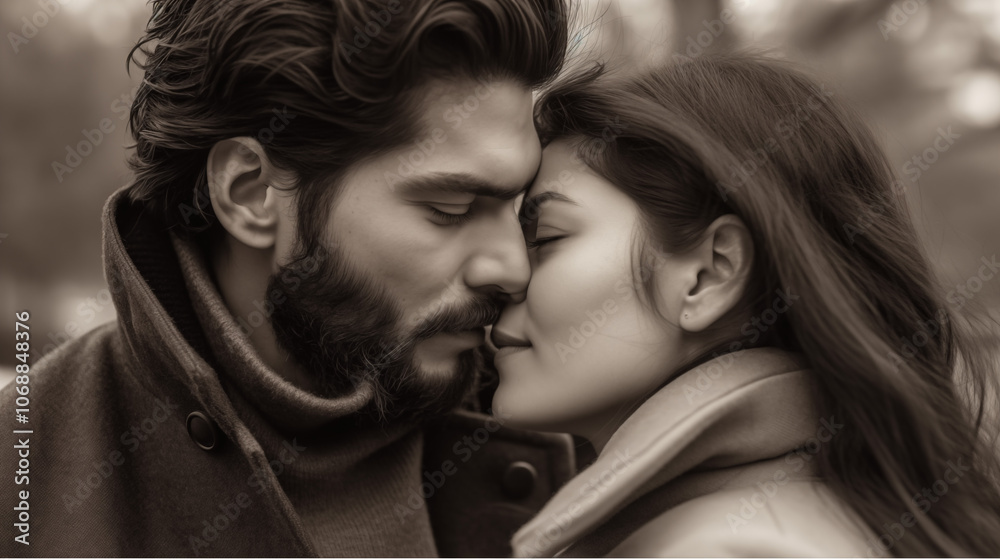 Fototapeta premium Romantic Couple Kissing in Black and White Film Noir Style