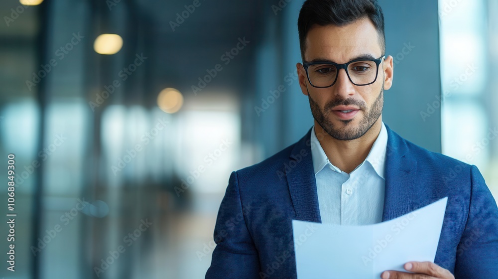 A professional man in glasses reads a document attentively, dressed in a suit, standing in a modern, well-lit environment. A professional man in glasses reads a document attentively, dressed in a suit, standing in a modern, well-lit environment.