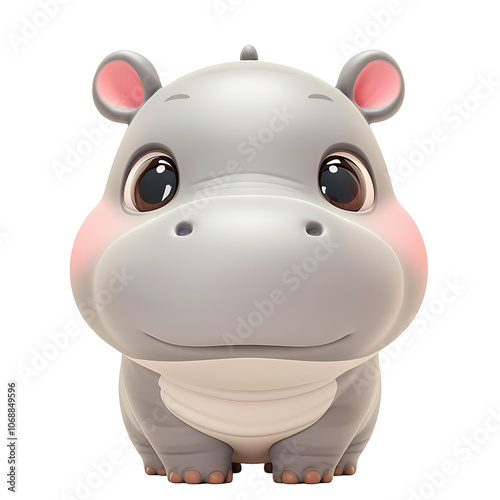 Cute hippopotamus stands up straight and smiles gently. 3D cartoon. PNG transparent.
