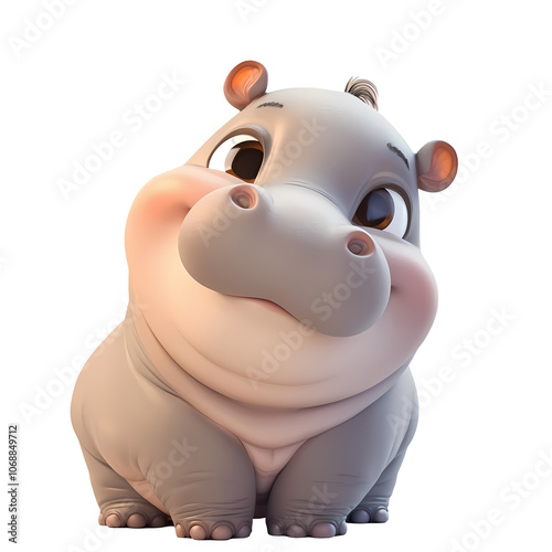 Cute hippopotamus standing and smiling sweetly, 3D cartoon. PNG transparent.