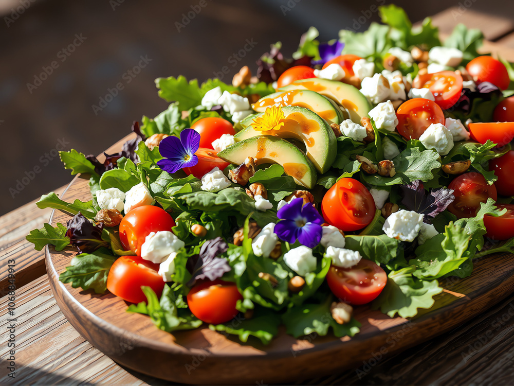 Fresh salad with vibrant greens, cherry tomatoes, cucumbers, and edible flowers served on a wooden platter outdoors Fresh salad with vibrant greens, cherry tomatoes, cucumbers, and edible flowers served on a wooden platter outdoors