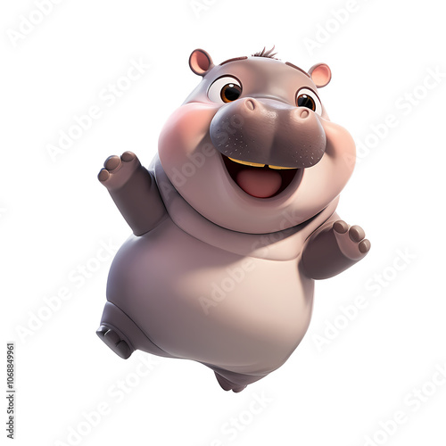 Cute fat hippopotamus Jumping and bouncing with joy, 3D cartoon. PNG transparent. 