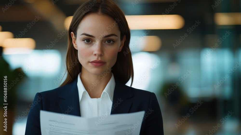 Fototapeta premium A focused woman in professional attire holds a document, exuding confidence in a modern office environment with blurred background elements.