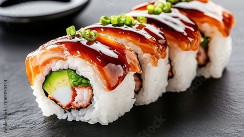 Delicious sushi rolls with teriyaki sauce. Uramaki sushi on a dark table.