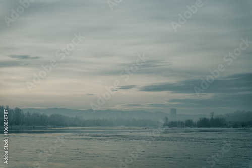 Enisey river in winter with frozen trees