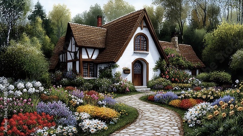 Cozy cottage surrounded by vibrant gardens