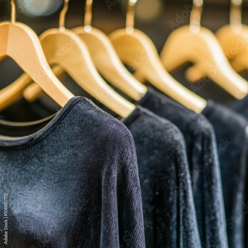 Row of black shirts hanging on wooden hangers in a retail store. photo