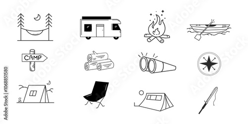 Camping Hand Drawn Icon Collection,Cute Drawing of happy Nature Trip, Doddle related camp activity and fun,nature trip icon collection. 