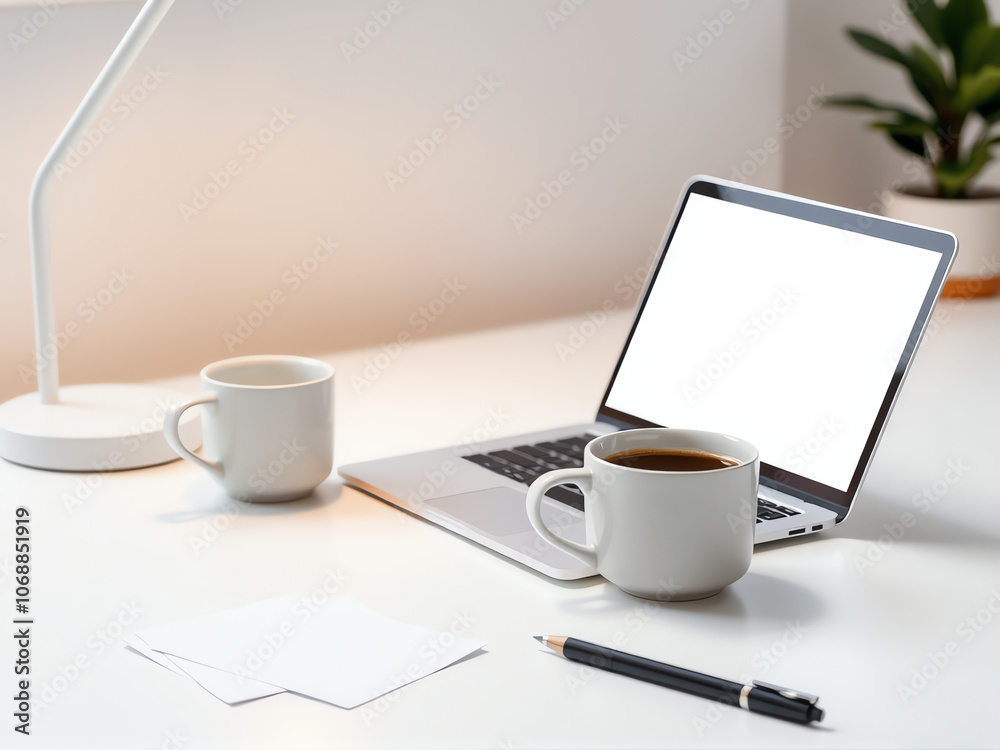 workspace with a laptop, coffee mugs, and a pen on a desk with soft lighting and plants in the background workspace with a laptop, coffee mugs, and a pen on a desk with soft lighting and plants in the background