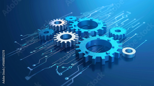 Engranajes interconectados sobre fondo digital azul