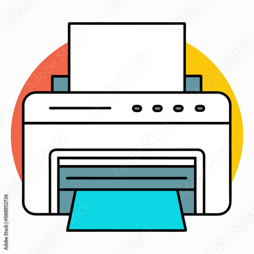 Vector illustration of a minimalist modern digital home printer with a flat-style multifunction print button outline, designed for office work. This includes a printer outline and icon.