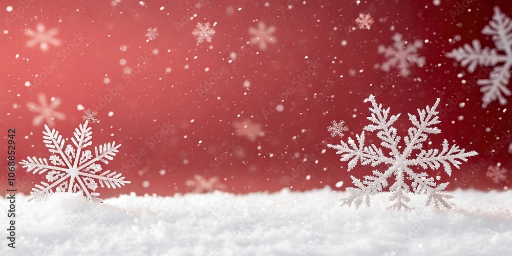 Delicate snowflakes gently fall on a warm red gradient background amidst a winter wonderland, christmas, holiday, snowflakes, winter Delicate snowflakes gently fall on a warm red gradient background amidst a winter wonderland, christmas, holiday, snowflakes, winter