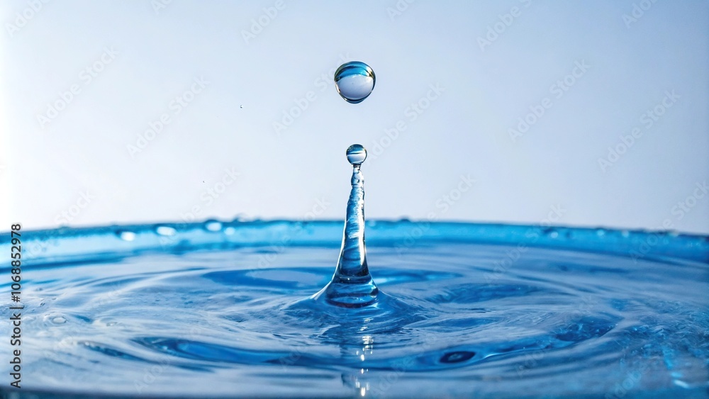 Droplet of blue water suspended in mid air against a clear sky, isolated object, minimalist design, single element, transparent material Droplet of blue water suspended in mid air against a clear sky, isolated object, minimalist design, single element, transparent material