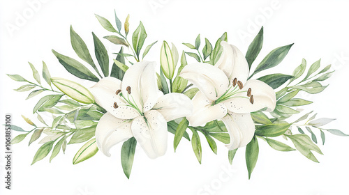 A delicate arrangement of white lilies surrounded by soft green leaves, creating a serene and elegant floral composition.