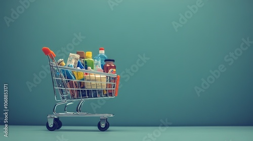 Shopping cart full of groceries on turquoise background
