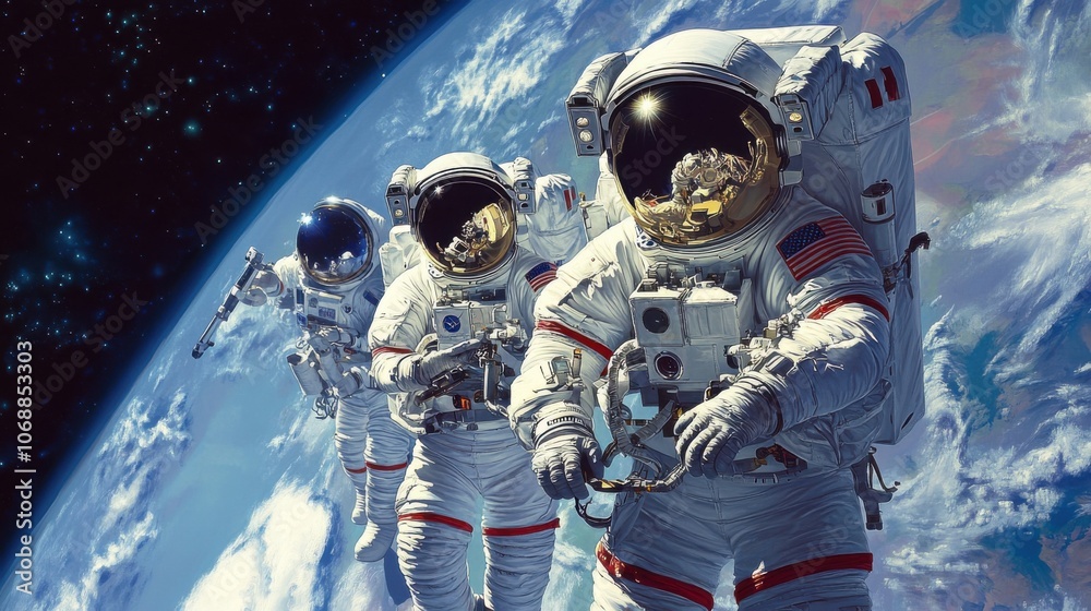 Naklejka premium Space robotics: Robots assisting astronauts on space