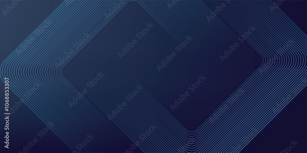 Obraz premium Abstract blue glowing geometric lines on dark background. Modern shiny blue rounded square lines pattern. Futuristic technology concept. Suit for poster, cover, banner, presentation, website, flyer