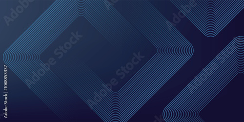 Abstract blue glowing geometric lines on dark background. Modern shiny blue rounded square lines pattern. Futuristic technology concept. Suit for poster, cover, banner, presentation, website, flyer