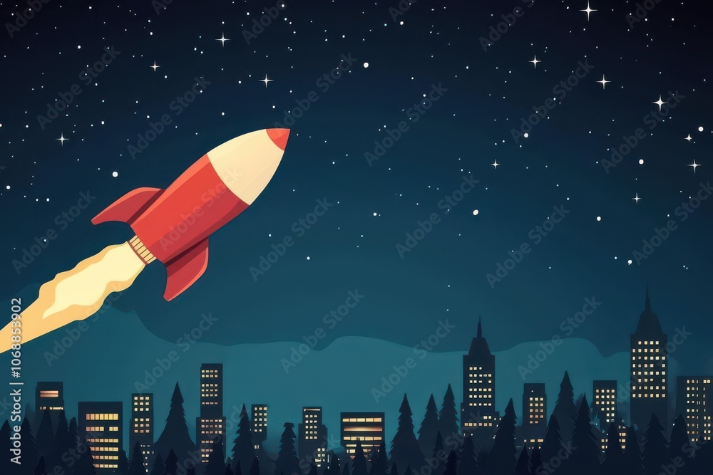 Naklejka premium Sleigh with rocket boosters, hovering above neon cityscape, watercolor style